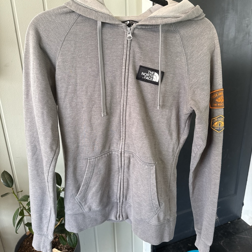 The North Face Gray Hoodie with Orange Patches